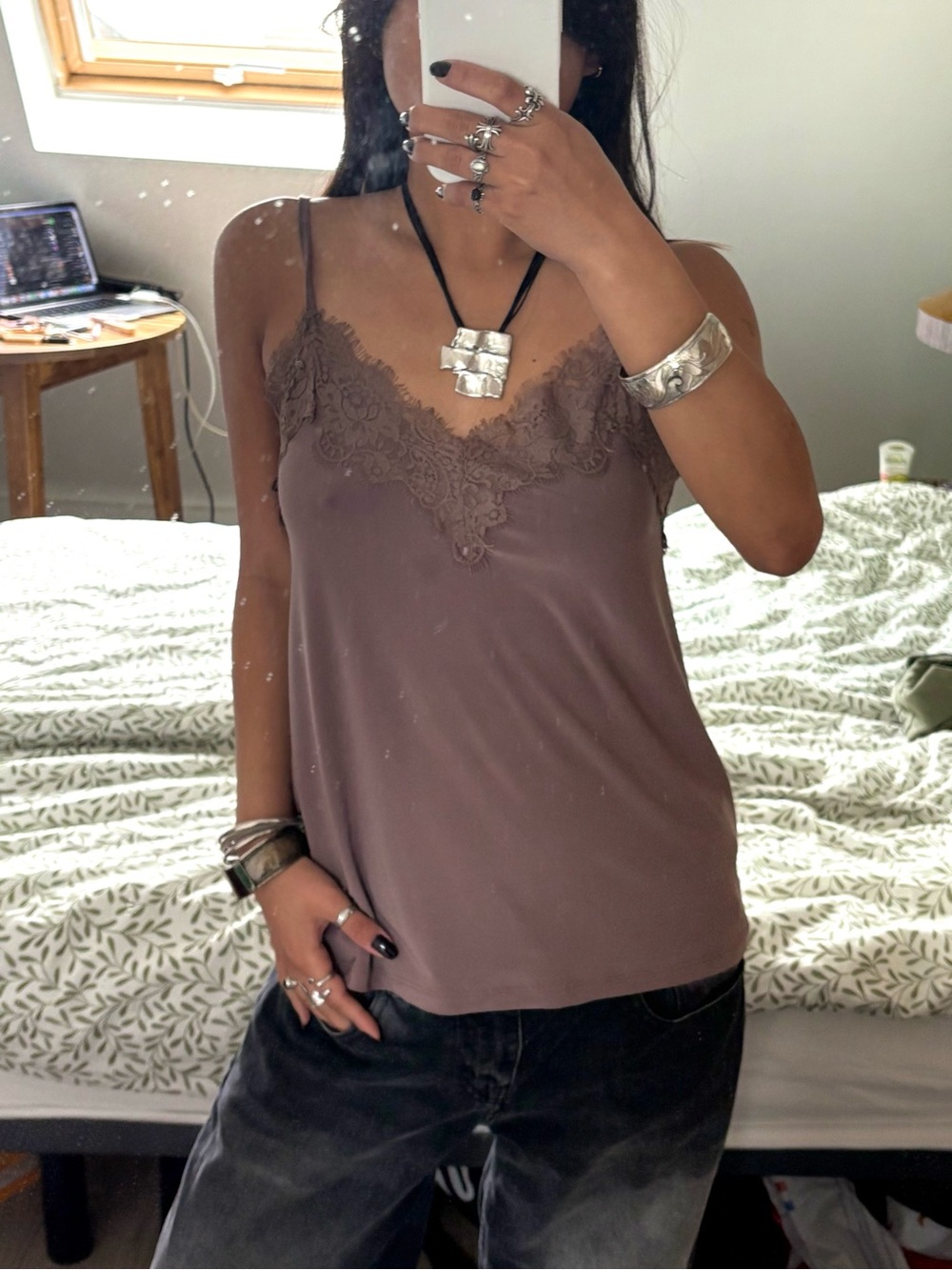 Vintage Amisu Taupe Lace Trim Cami Tank Top